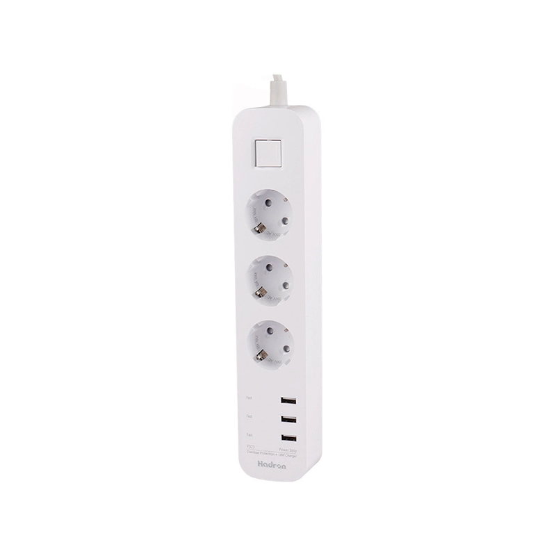 چند راهی 3 خانه برق ارت دار هادرون P323 با کابل 1.8 متری + شارژر USB