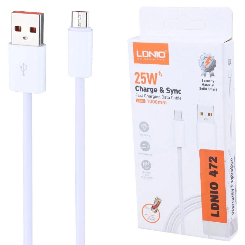 کابل میکرو یو اس بی فست شارژ 25 وات الدینیو LS891 طول 1 متر